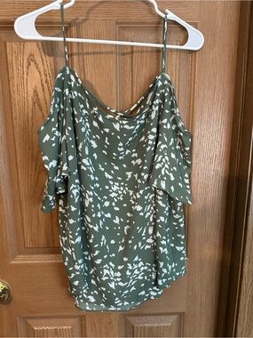 Stitch Fix- Olive Green Printed Cold-Shoulder Cowl Neck Tank Top